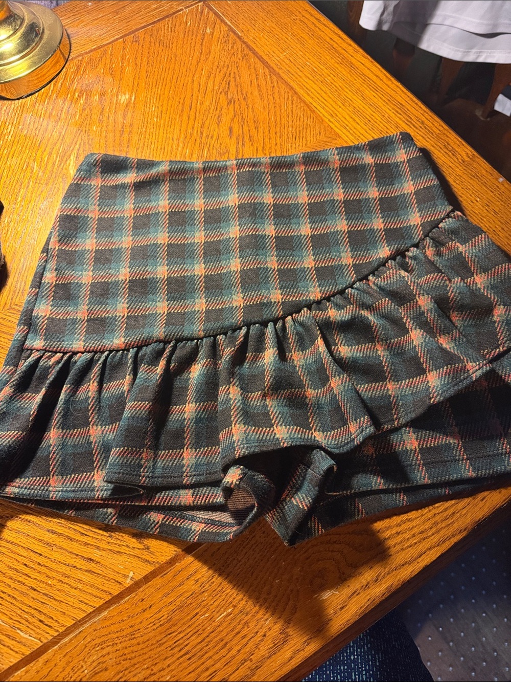 Altar'd State Plaid Ruffle-Hem Skort in Green and Orange